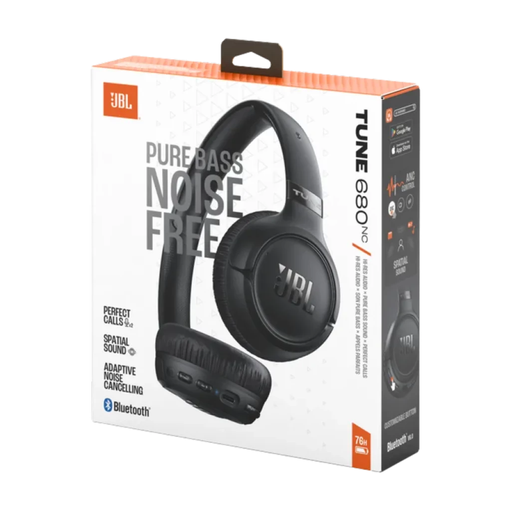 JBL Tune 680NC Noir, casque supra-auriculaire sans fil avec ANC, arceau rembourré, oreillettes pliables, logo JBL argenté, design noir mat élégant
