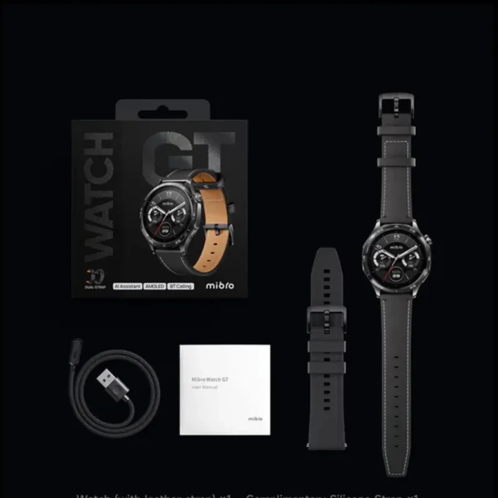Reloj Mibro Watch GT Leather Black con pantalla AMOLED 1,43 pulgadas 60 Hz y brillo 600 nits, correa de cuero negra, caja, cable de carga y manual