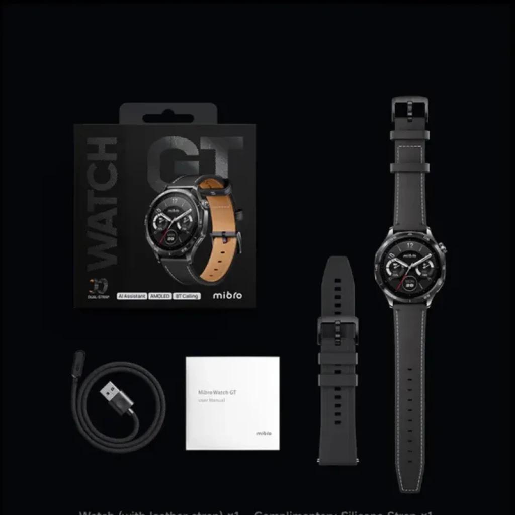 Reloj Mibro Watch GT Leather Black con pantalla AMOLED 1,43 pulgadas 60 Hz y brillo 600 nits, correa de cuero negra, caja, cable de carga y manual
