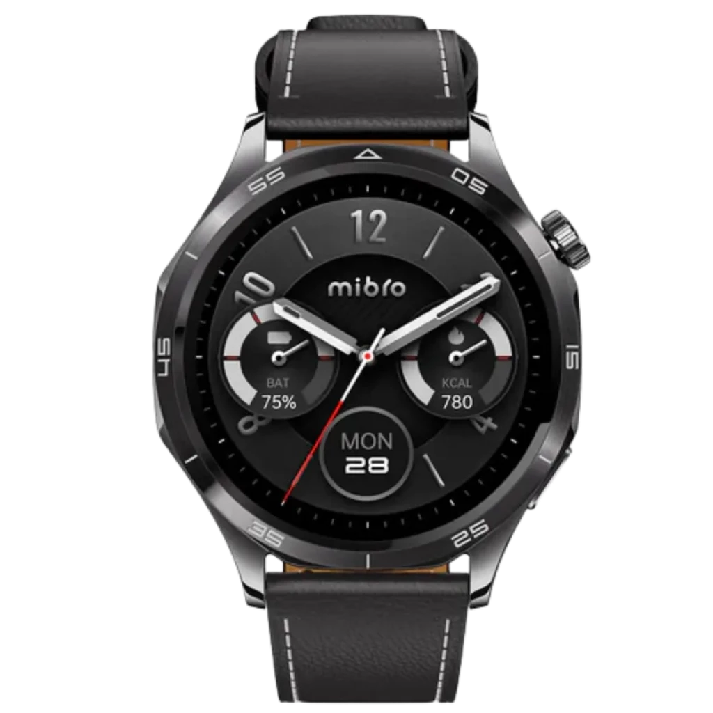 Mibro Watch GT Leather Black con pantalla AMOLED 1,43 pulgadas 60 Hz, brillo 600 nits, bisel metálico negro y correa de cuero negra con costuras blancas