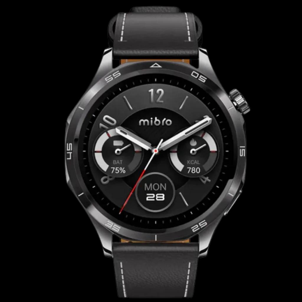 Mibro Watch GT Leather Black con pantalla AMOLED 1,43 pulgadas 60 Hz, brillo 600 nits, bisel metálico negro y correa de cuero negra con costuras blancas