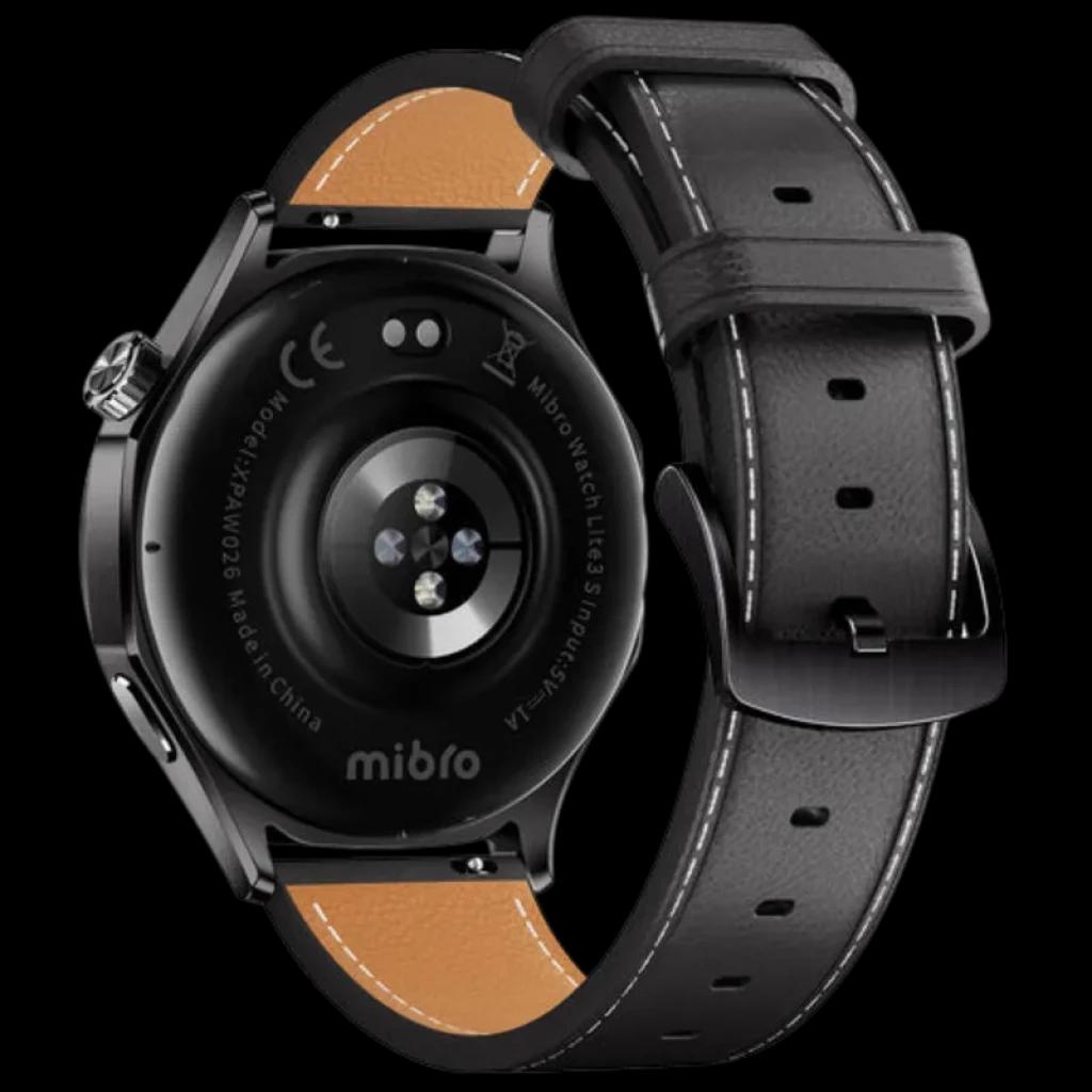 Correa de cuero negro con pespuntes blancos y cierre clásico; parte trasera del reloj Mibro con sensores de salud y carcasa negra elegante