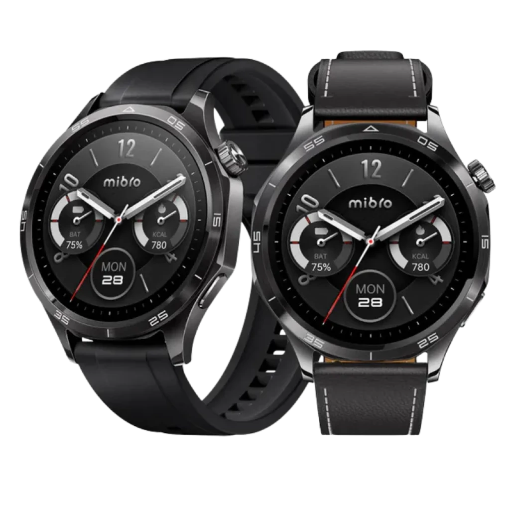 Mibro Watch GT Leather Black con pantalla AMOLED 1,43” 60 Hz y 600 nits, bisel metálico, correas negra de silicona y cuero negro con costuras blancas