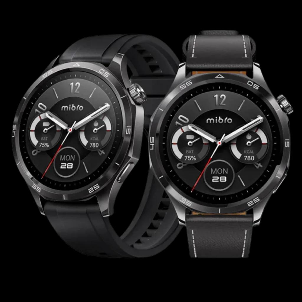 Mibro Watch GT Leather Black con pantalla AMOLED 1,43” 60 Hz y 600 nits, bisel metálico, correas negra de silicona y cuero negro con costuras blancas