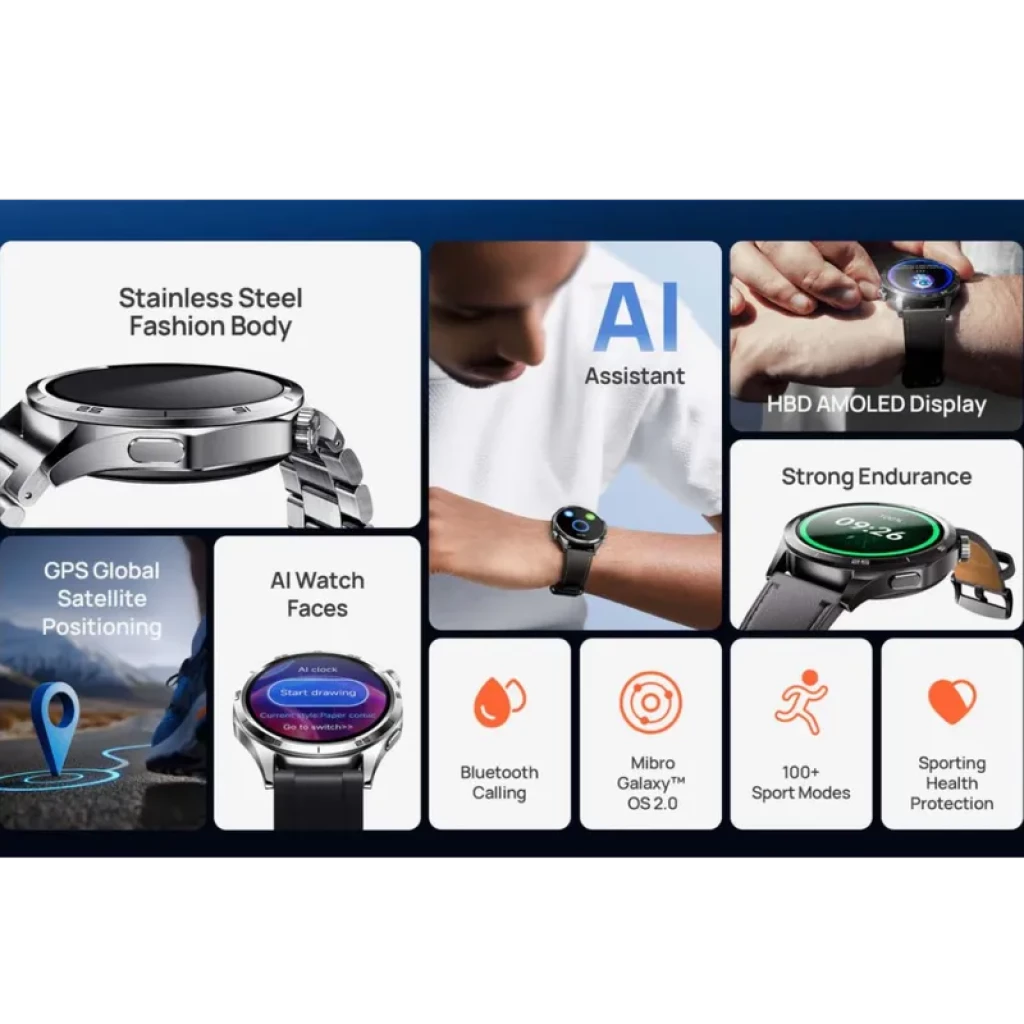 Mibro Watch GT Leather Black con pantalla AMOLED 1,43” 60 Hz y 600 nits, cuerpo de acero, correa de cuero, llamadas Bluetooth, GPS y más de 100 modos