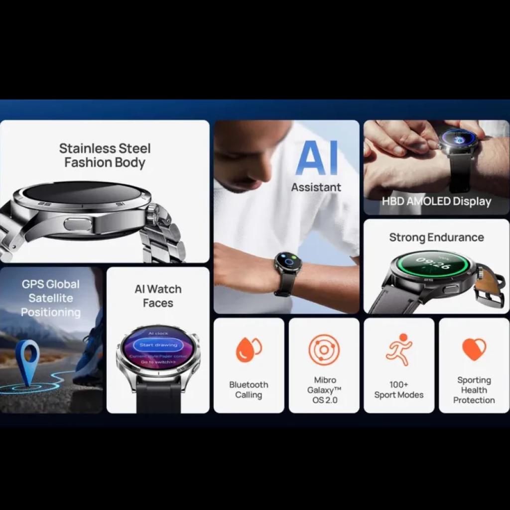 Mibro Watch GT Leather Black con pantalla AMOLED 1,43” 60 Hz y 600 nits, cuerpo de acero, correa de cuero, llamadas Bluetooth, GPS y más de 100 modos