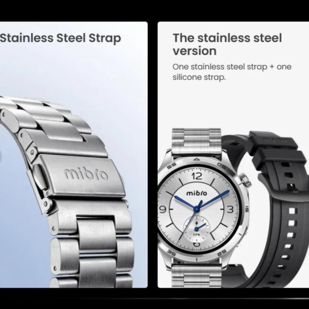 Mibro Watch GT Leather Black con correa de acero inoxidable y correa de silicona; esfera plateada, pantalla AMOLED 1,43 pulgadas 60 Hz, brillo 600 nits