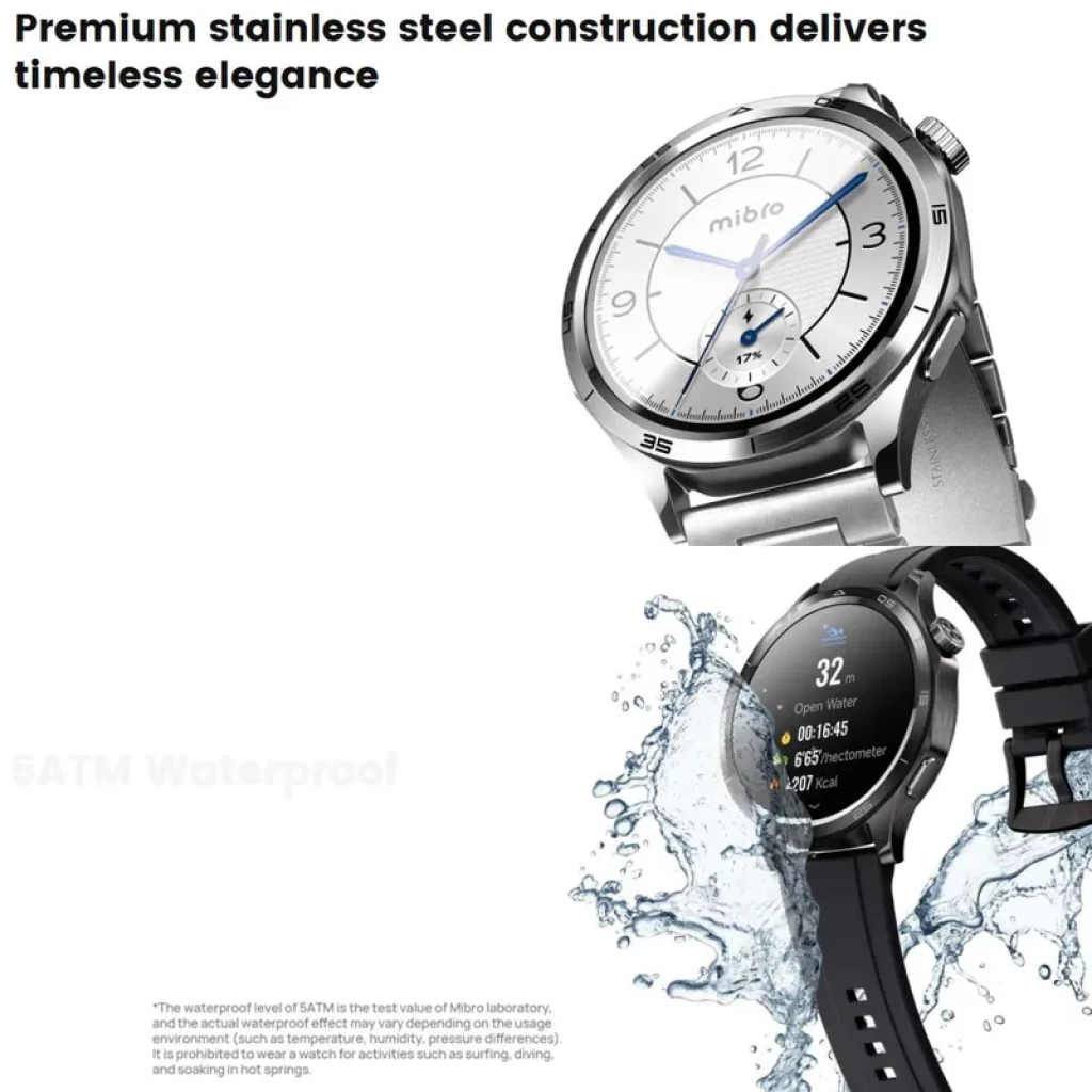 Mibro Watch GT de acero inoxidable plata con pantalla AMOLED 1,43 pulgadas; correa deportiva negra, esfera blanca, resistente al agua 5 ATM y diseño elegante