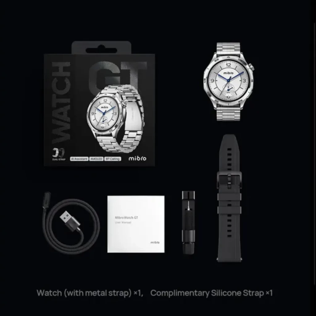 Mibro Watch GT en acero inoxidable plata con pantalla AMOLED 1,43 pulgadas. Incluye correa metálica y correa de silicona negra, carga y manual
