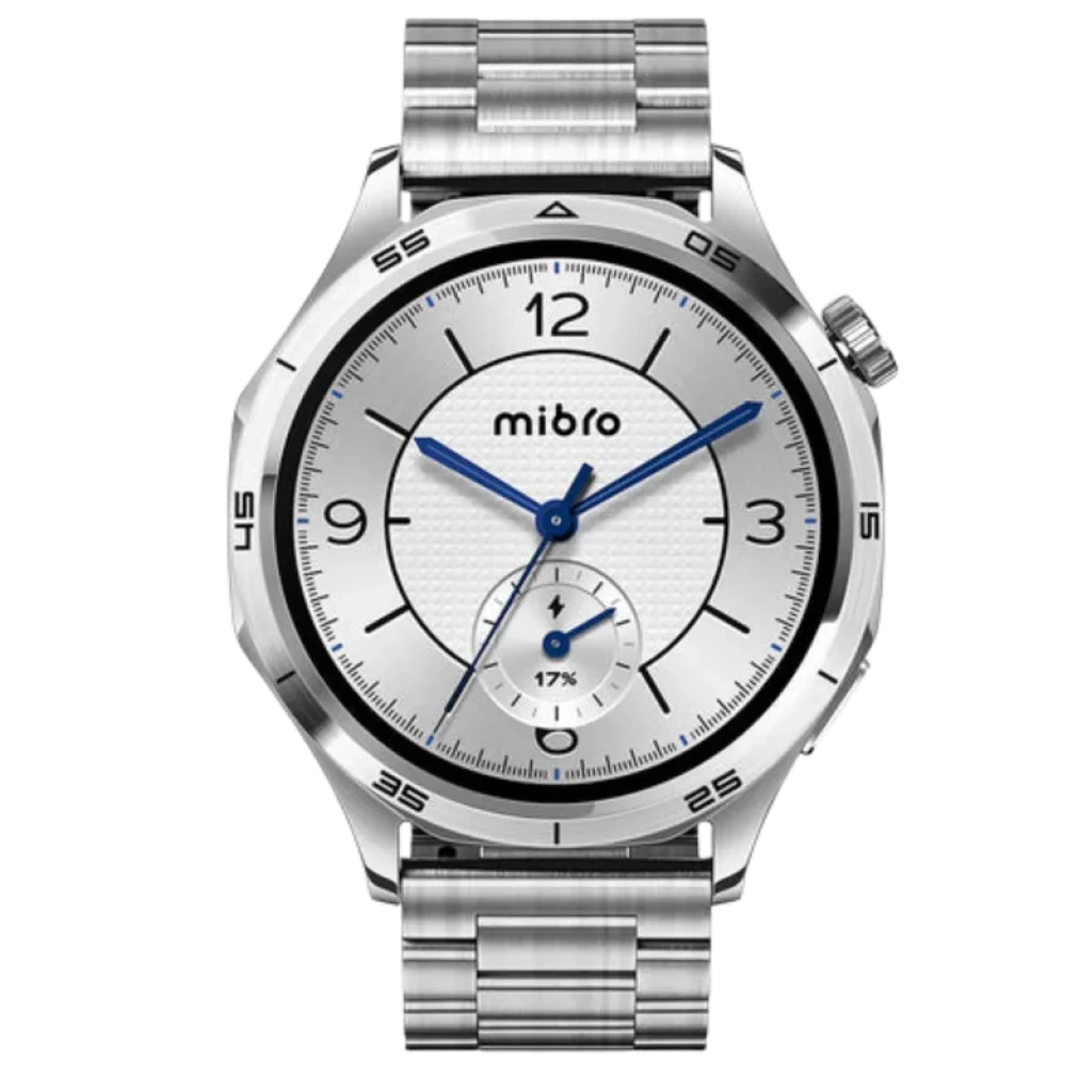 Mibro Watch GT de acero inoxidable plata con correa metálica, pantalla AMOLED 1,43 pulgadas, esfera plateada, manecillas azules y subesfera de batería