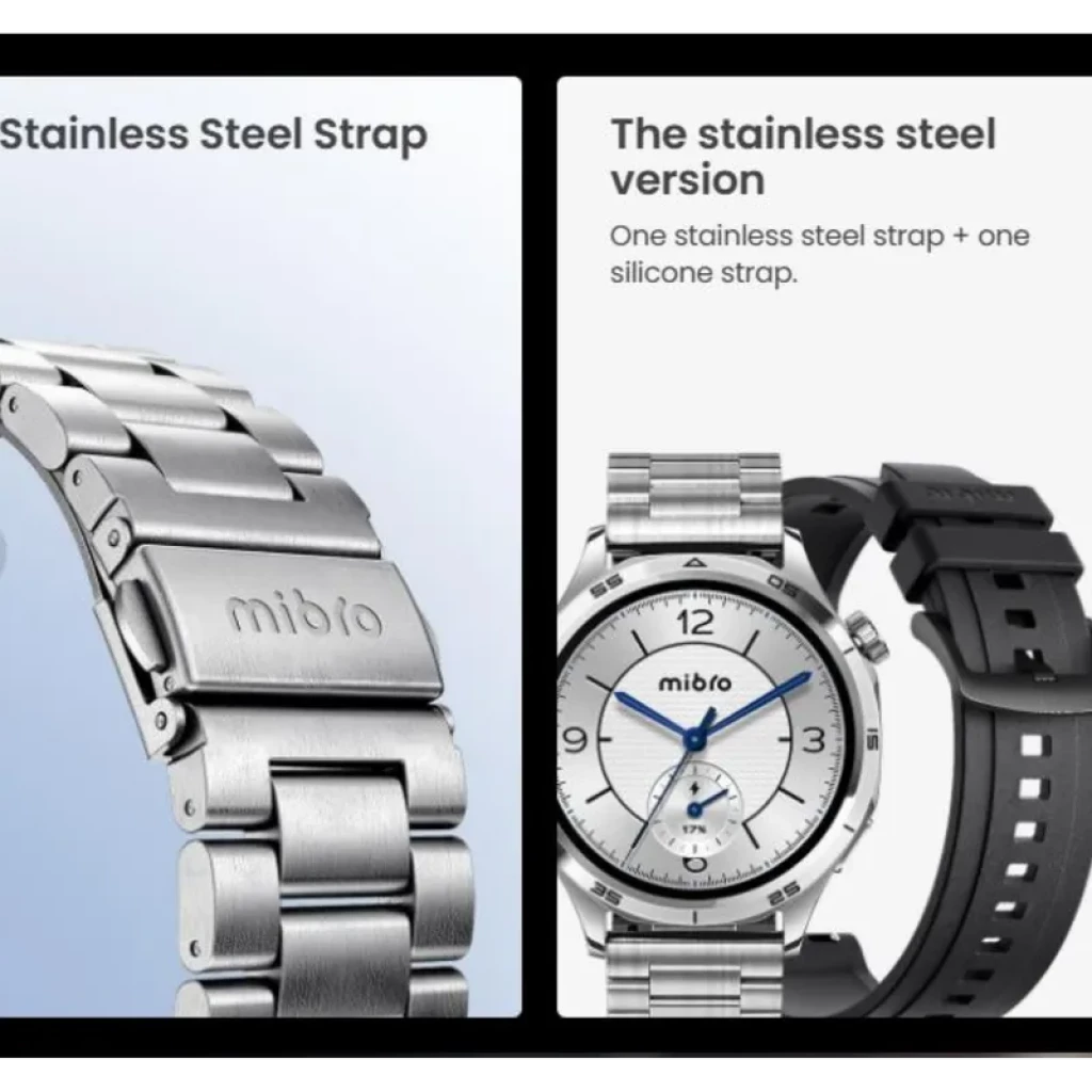 Mibro Watch GT de acero inoxidable plata con pantalla AMOLED 1,43 pulg, correa metálica y adicional de silicona, diseño elegante y resistente