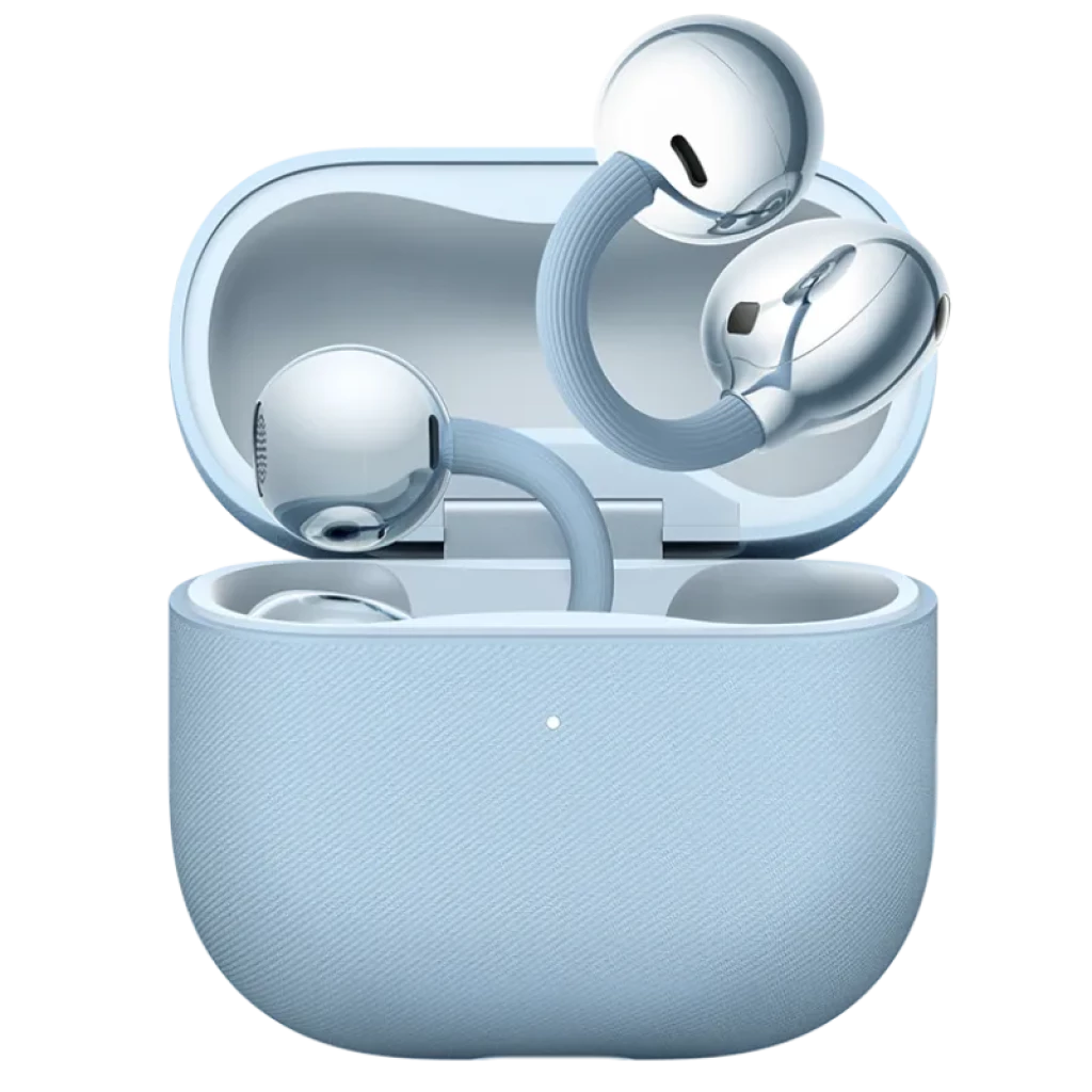 Huawei FreeClip 2 Auriculares Bluetooth con diseño open-ear en color azul, cápsulas metálicas brillantes y estuche compacto texturizado a juego