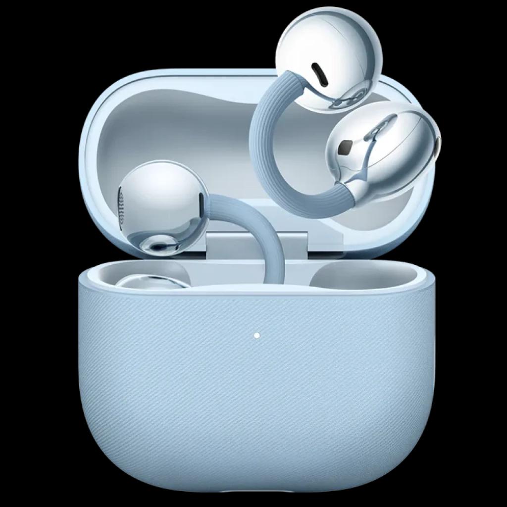 Huawei FreeClip 2 Auriculares Bluetooth con diseño open-ear en color azul, cápsulas metálicas brillantes y estuche compacto texturizado a juego