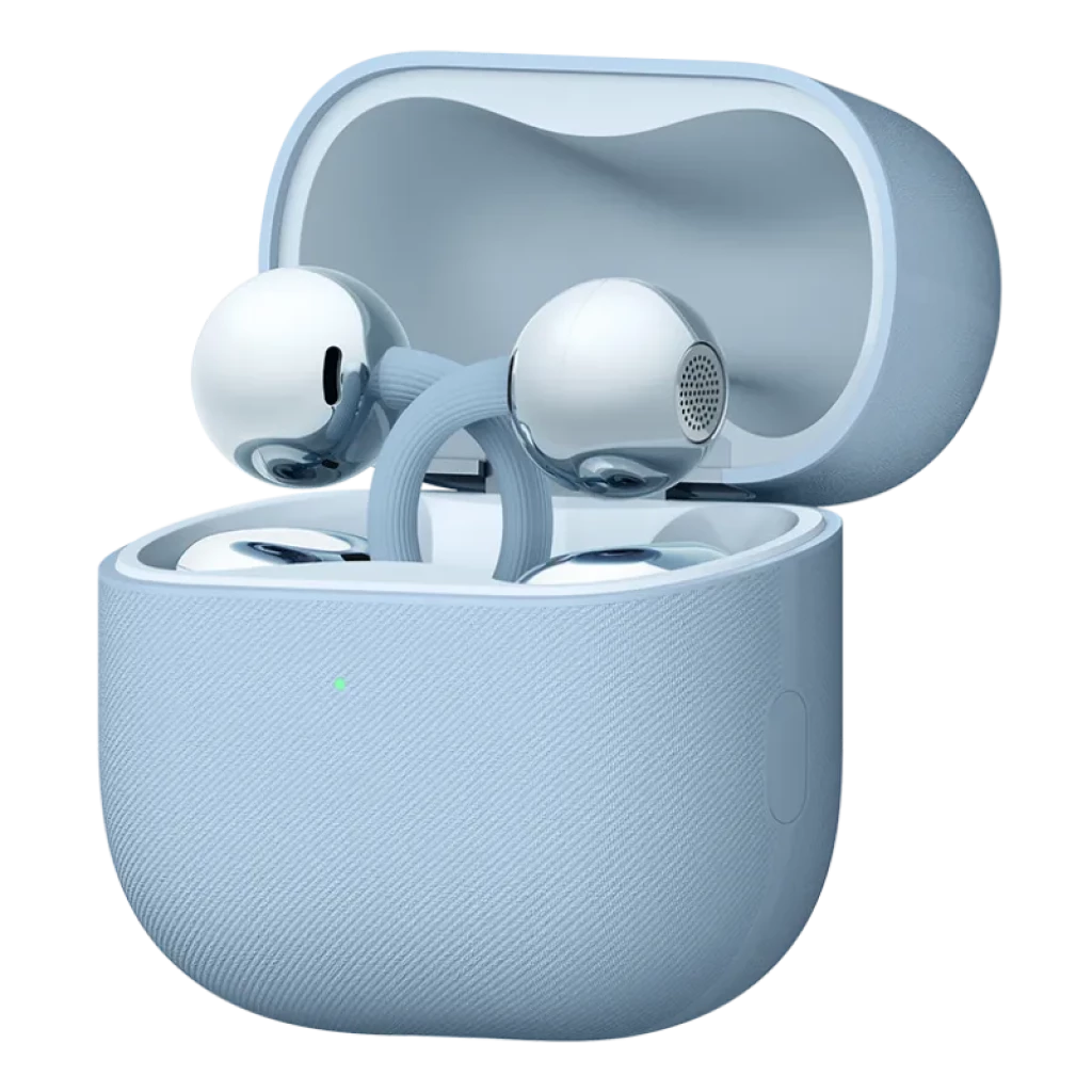 Vista a 45 grados de los auriculares Huawei FreeClip 2 ubicados en el estuche, en color azul