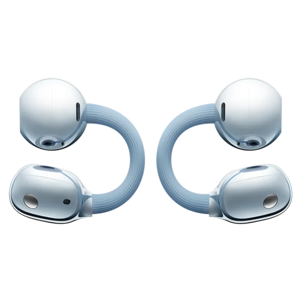 Vista frontal de los Huawei FreeClip 2 con diseño C-Bridge en color azul