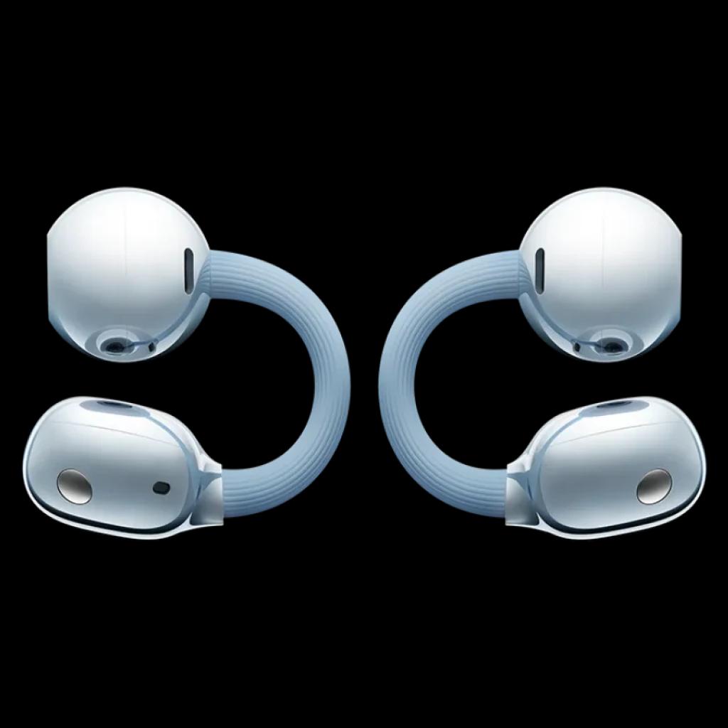 Vista frontal de los Huawei FreeClip 2 con diseño C-Bridge en color azul