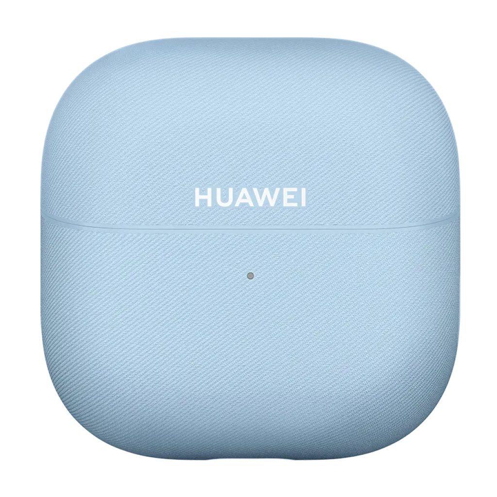 Estuche de carga azul texturizado con logo HUAWEI centrado y luz LED frontal para Huawei FreeClip 2
