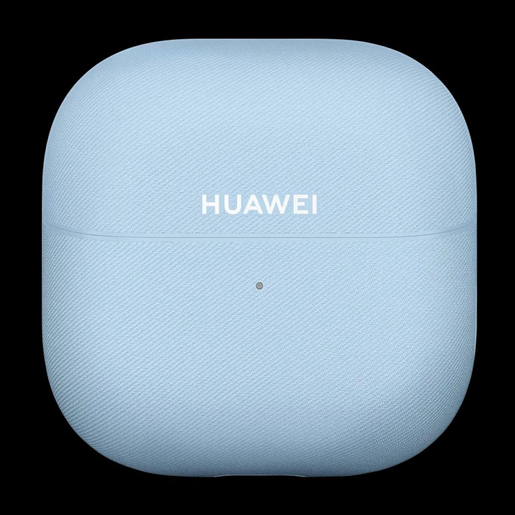 Estuche de carga azul texturizado con logo HUAWEI centrado y luz LED frontal para Huawei FreeClip 2