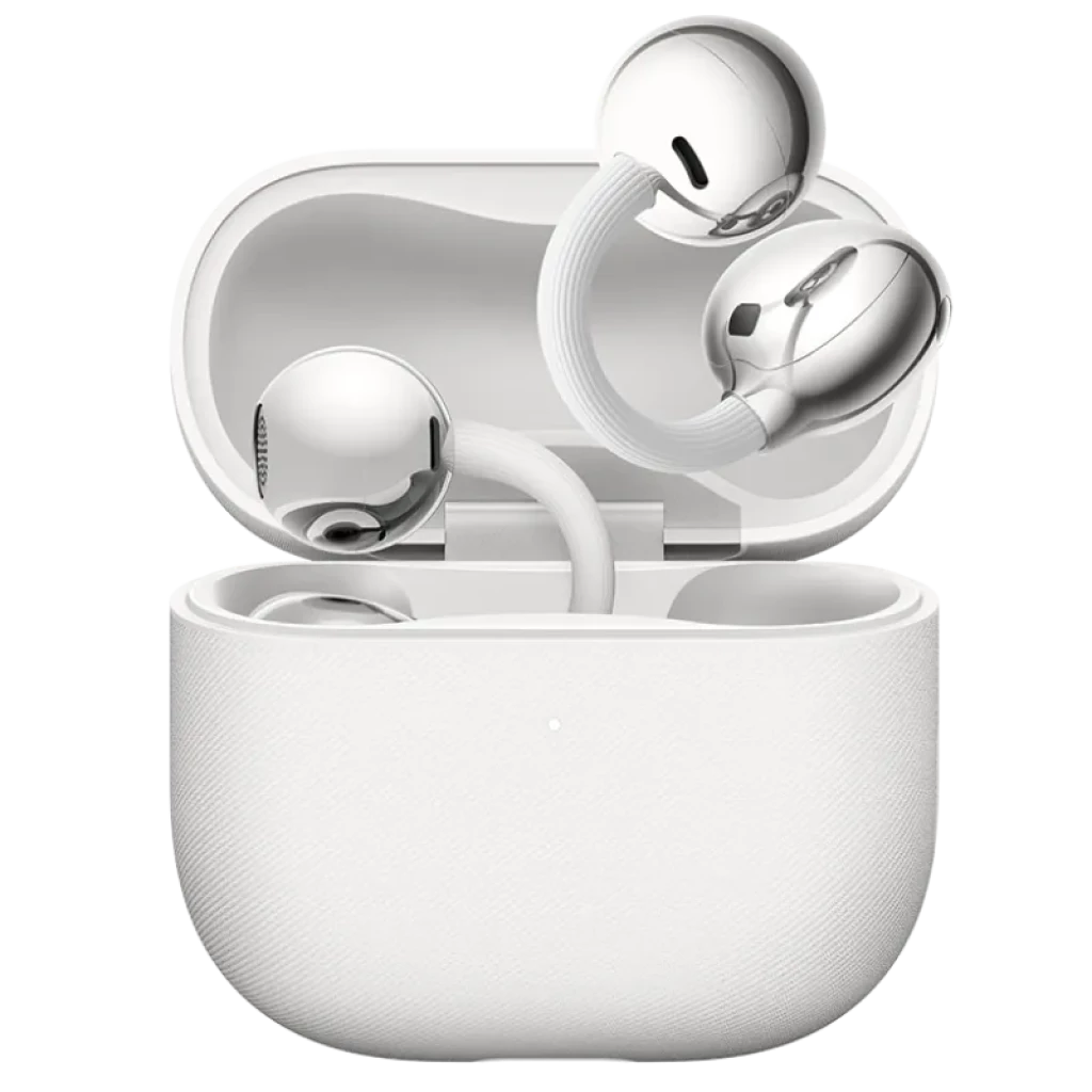 Huawei FreeClip 2 Auriculares Bluetooth con diseño open-ear en color blanco, cápsulas metálicas brillantes y estuche compacto texturizado a juego