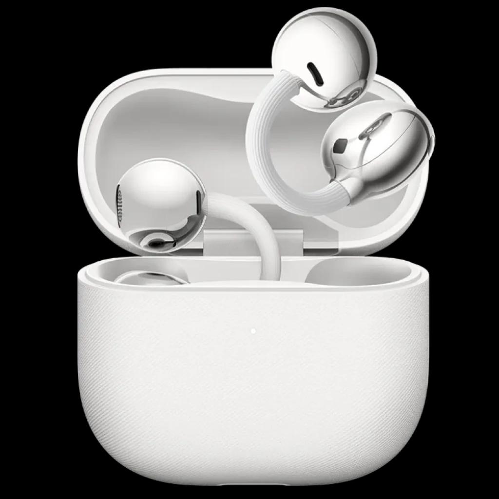 Huawei FreeClip 2 Auriculares Bluetooth con diseño open-ear en color blanco, cápsulas metálicas brillantes y estuche compacto texturizado a juego