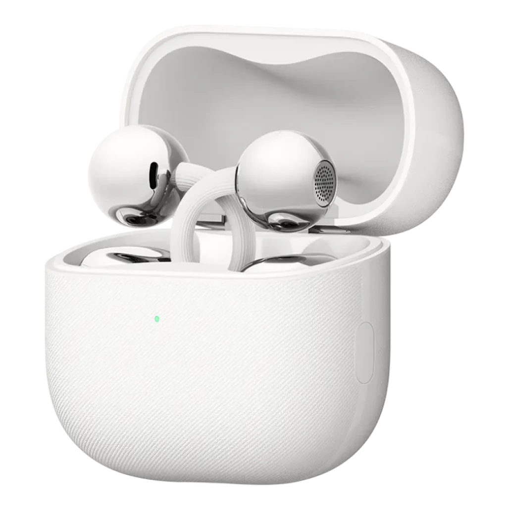 Vista a 45 grados de los auriculares Huawei FreeClip 2 ubicados en el estuche, en color blanco