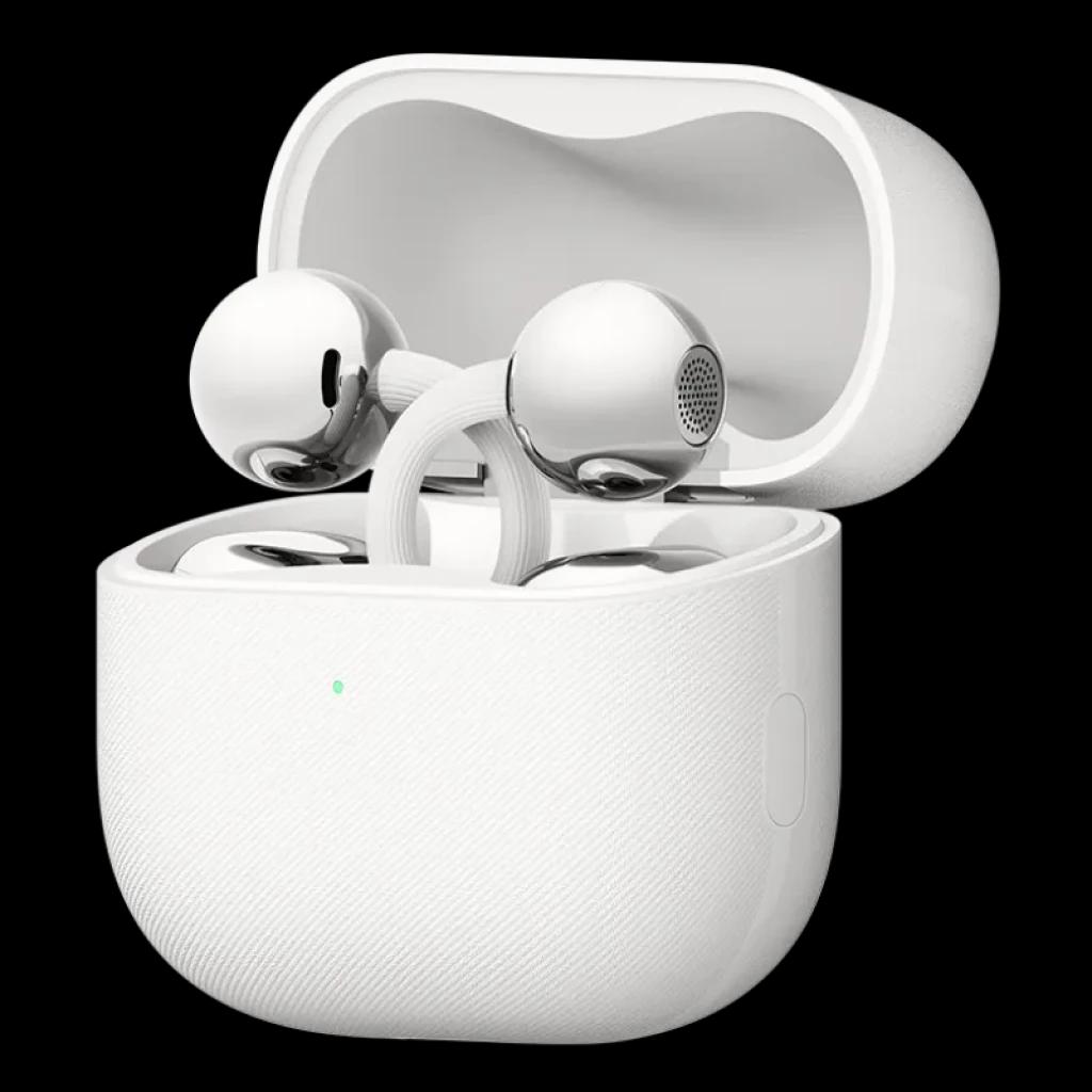 Vista a 45 grados de los auriculares Huawei FreeClip 2 ubicados en el estuche, en color blanco