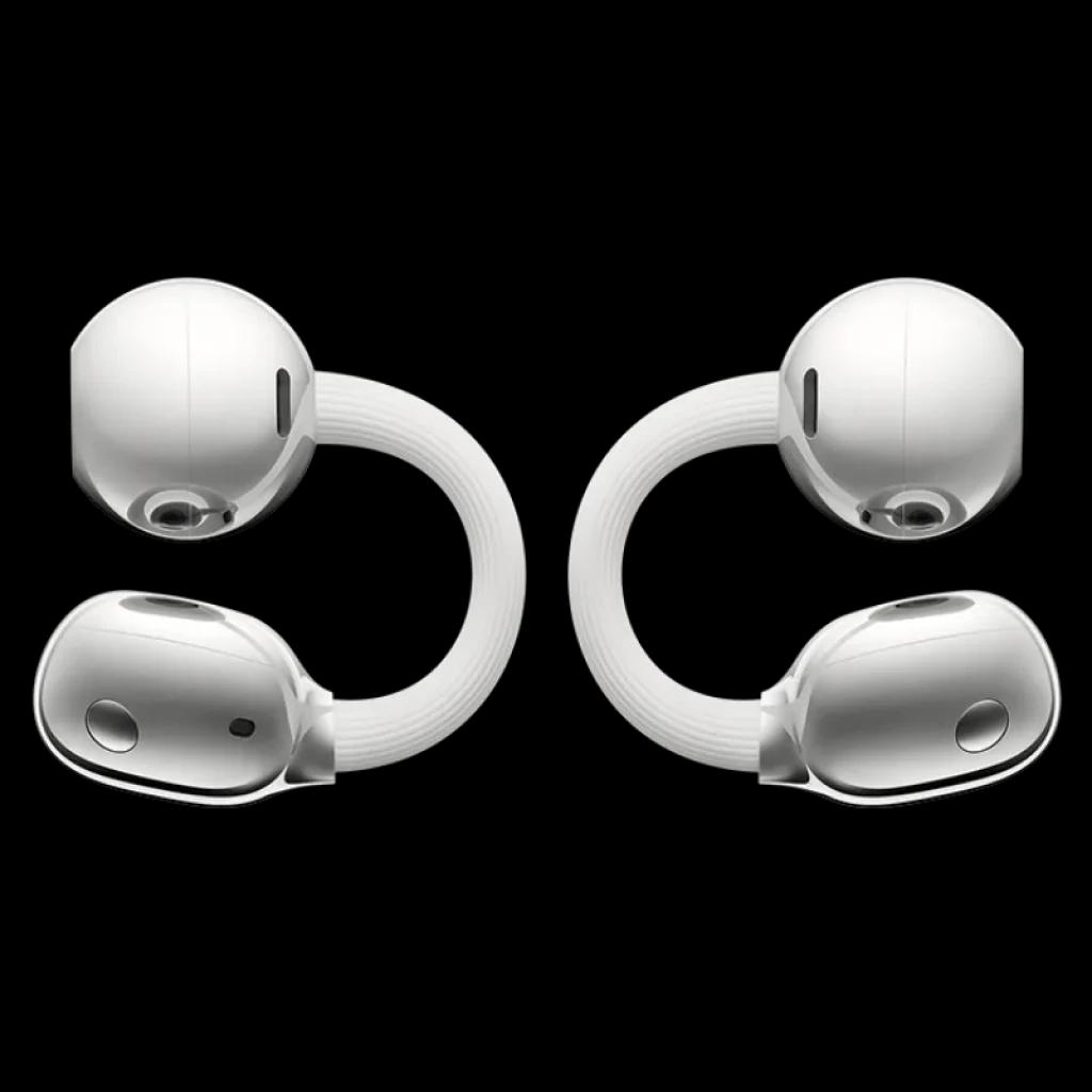 Vista frontal de los Huawei FreeClip 2 con diseño C-Bridge en color blanco