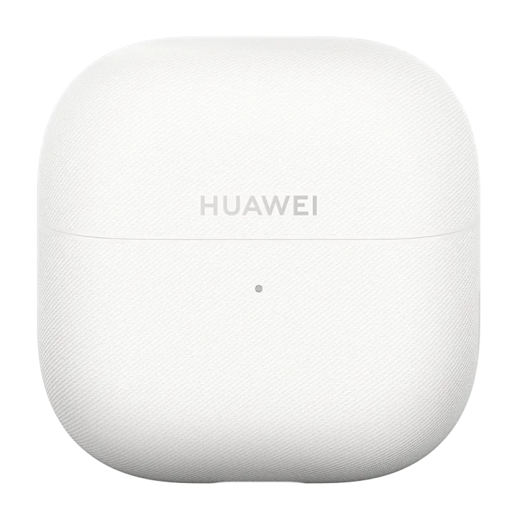 Estuche de carga blanco texturizado con logo HUAWEI centrado y luz LED frontal para Huawei FreeClip 2