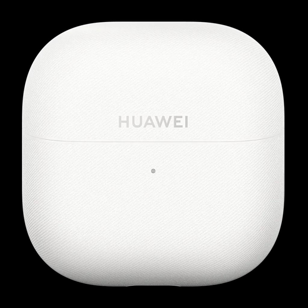Estuche de carga blanco texturizado con logo HUAWEI centrado y luz LED frontal para Huawei FreeClip 2