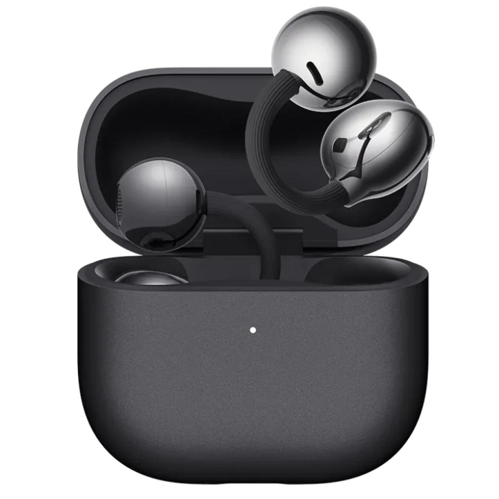 Huawei FreeClip 2 Auriculares Bluetooth con diseño open-ear en color negro, cápsulas metálicas brillantes y estuche compacto texturizado a juego