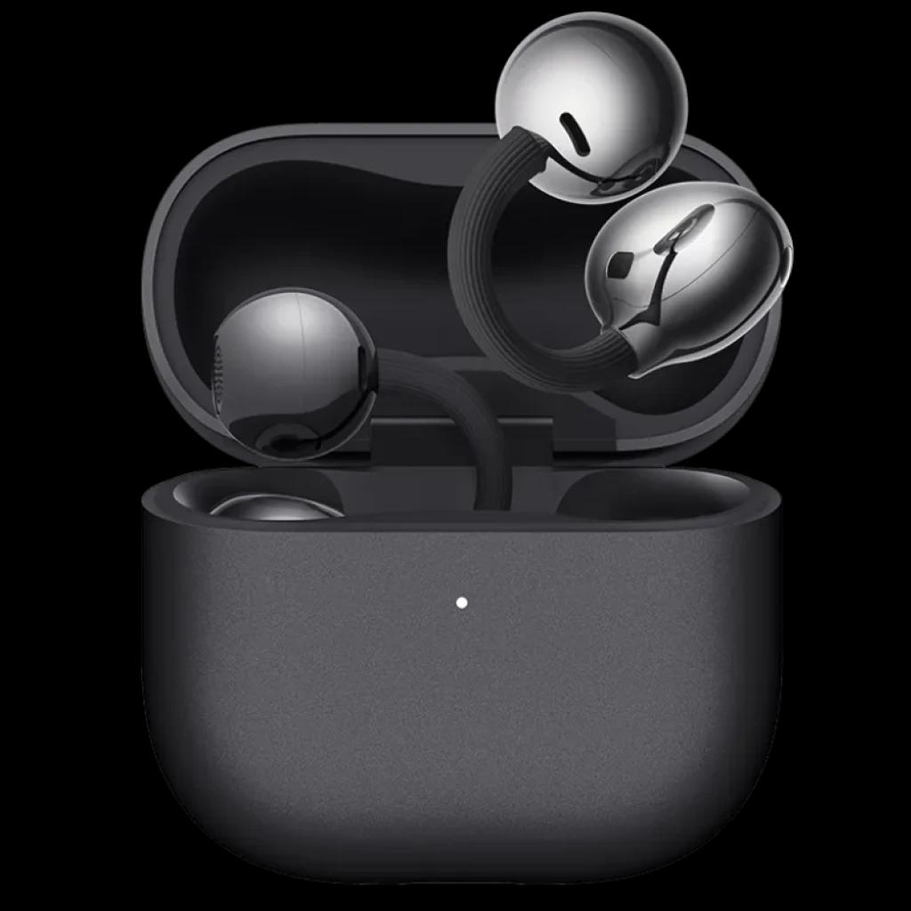 Huawei FreeClip 2 Auriculares Bluetooth con diseño open-ear en color negro, cápsulas metálicas brillantes y estuche compacto texturizado a juego