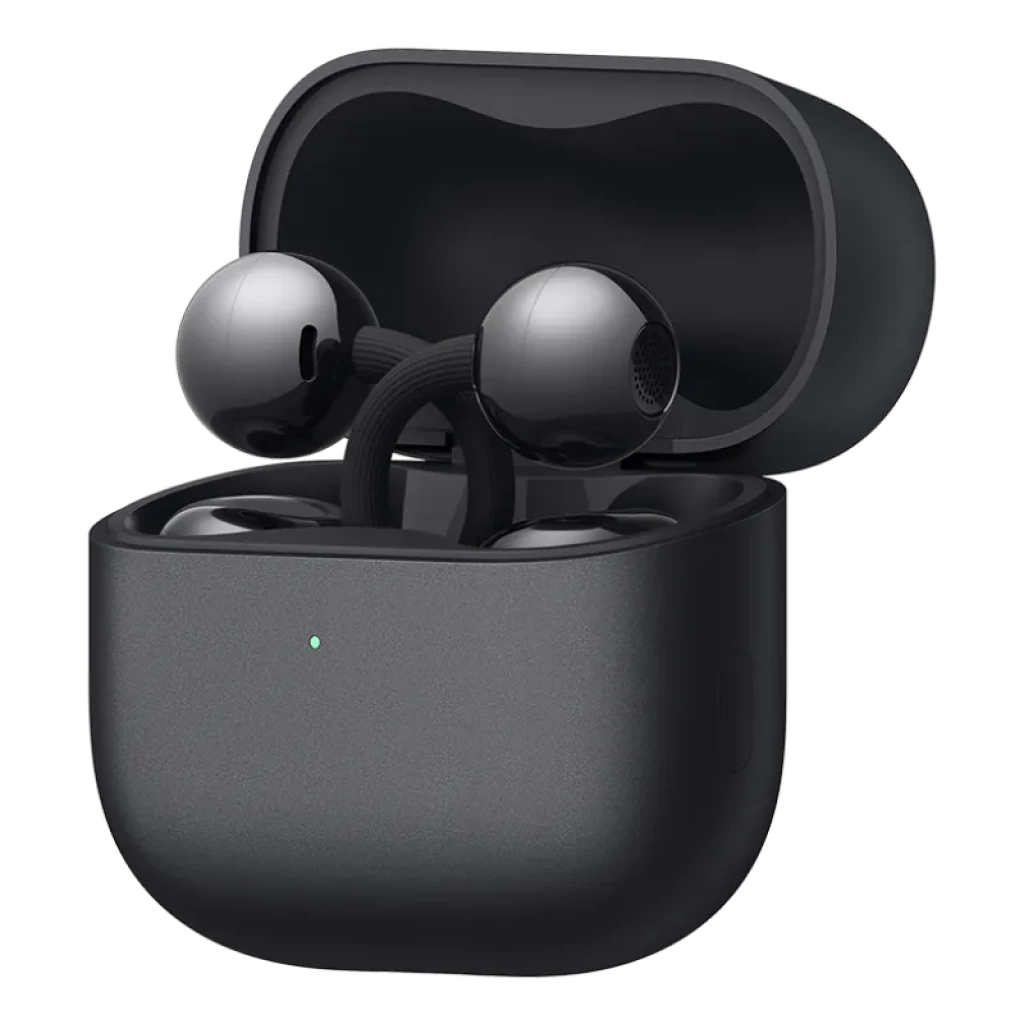 Vista a 45 grados de los auriculares Huawei FreeClip 2 ubicados en el estuche, en color negro