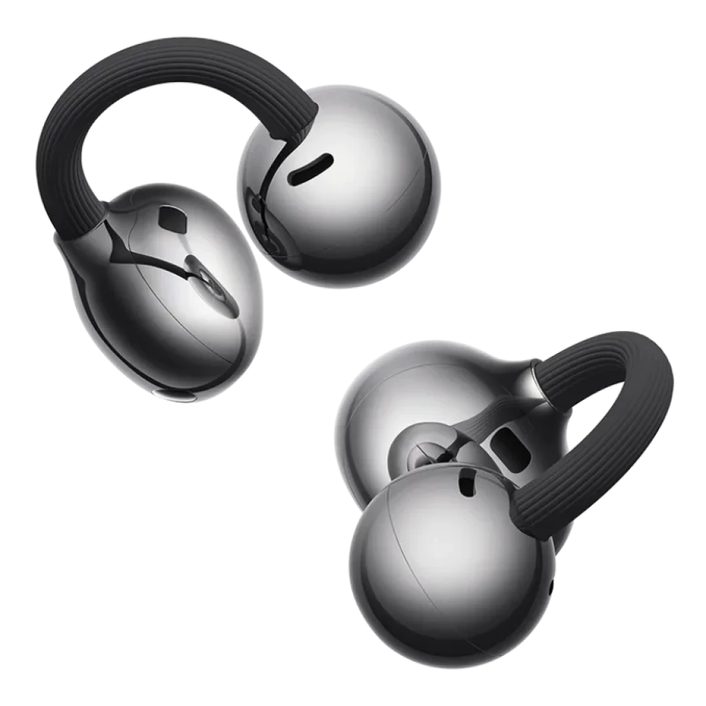 Auriculares Bluetooth con diseño open-ear, ganchos flexibles negro y cápsulas plateadas brillantes, compactos y elegantes