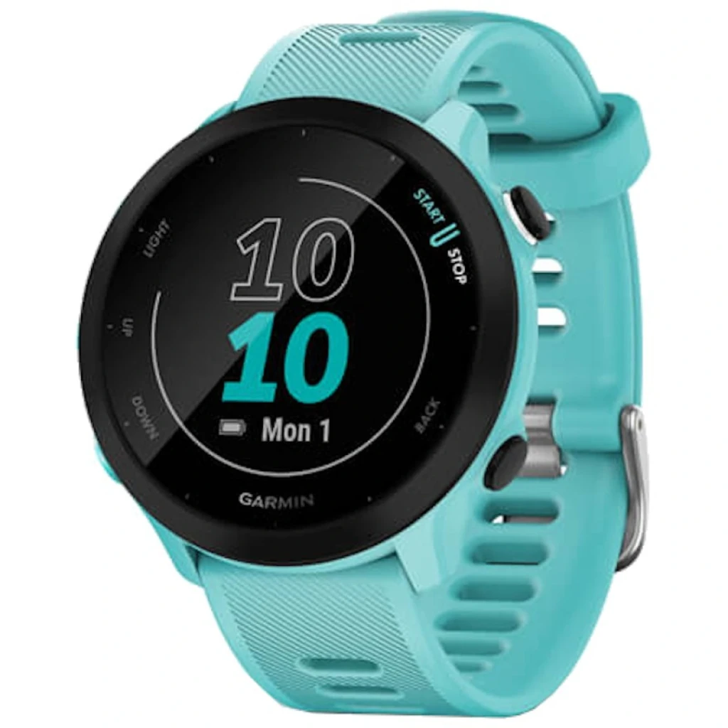 Garmin Forerunner 55 Reloj inteligente desprecintado color turquesa con pantalla redonda, correa ventilada de silicona y hebilla metálica ajustable