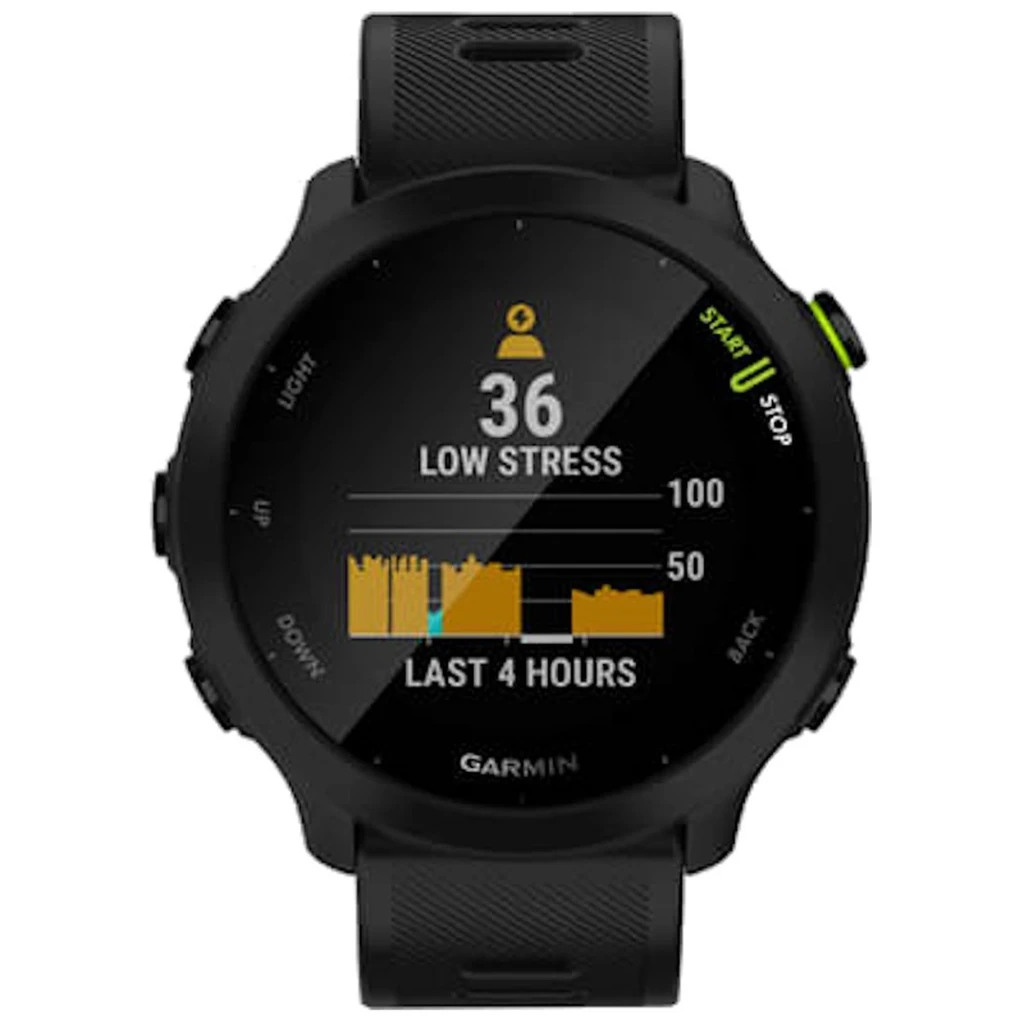 Garmin Forerunner 55 – reloj deportivo negro con pantalla circular, botones laterales, correa de silicona y gráfico de estrés en tiempo real. Desprecintado.