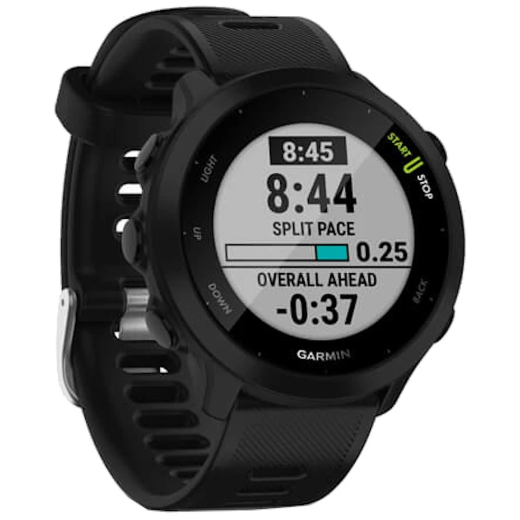 Garmin Forerunner 55 - Reloj inteligente - Desprecintado, deportivo negro con pantalla circular, bisel robusto y botón verde Start, correa texturizada negra