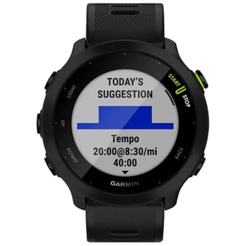 Garmin Forerunner 55 - Reloj inteligente - Desprecintado, pantalla circular con sugerencias de entrenamiento, bisel negro, correa negra texturizada y botón