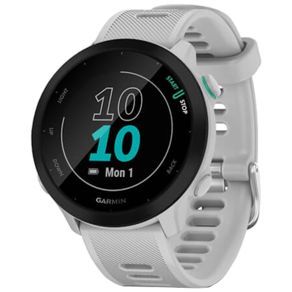 Garmin Forerunner 55 - Reloj inteligente - Desprecintado con correa gris, pantalla circular negra con números grandes, botones laterales y hebilla metálica