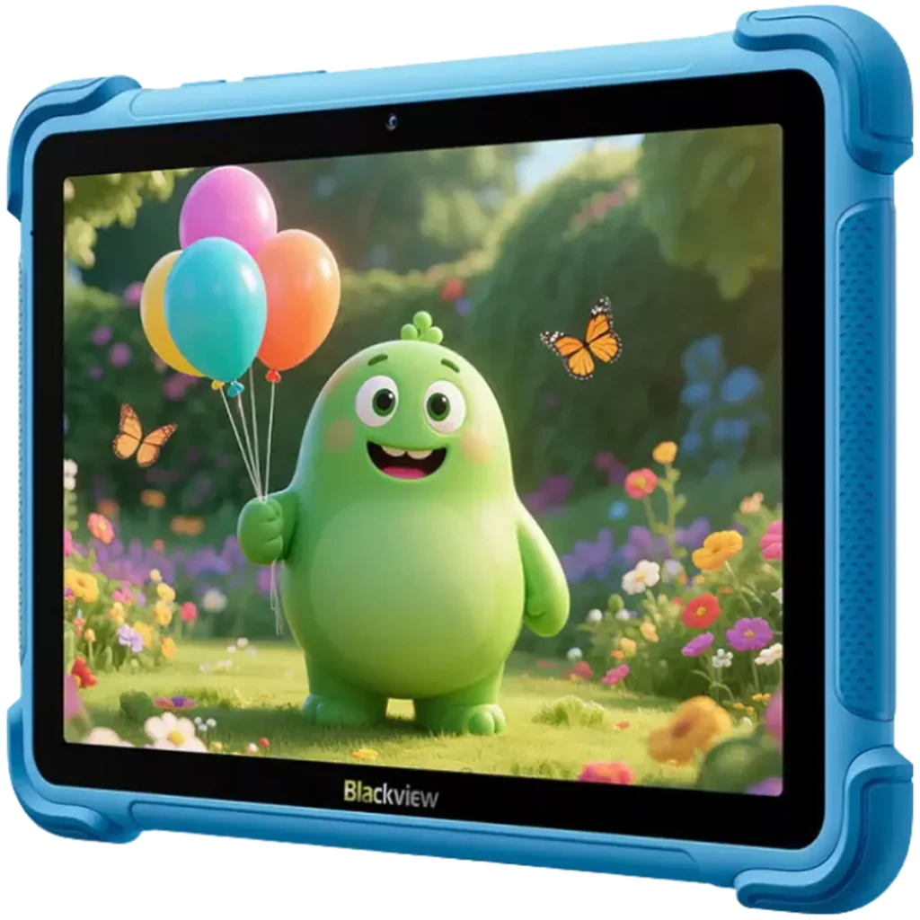 Tablet Blackview Link 1 Kids azul con funda protectora, pantalla 8.68 pulgadas, bordes reforzados y cámara frontal, diseño infantil colorido en pantalla
