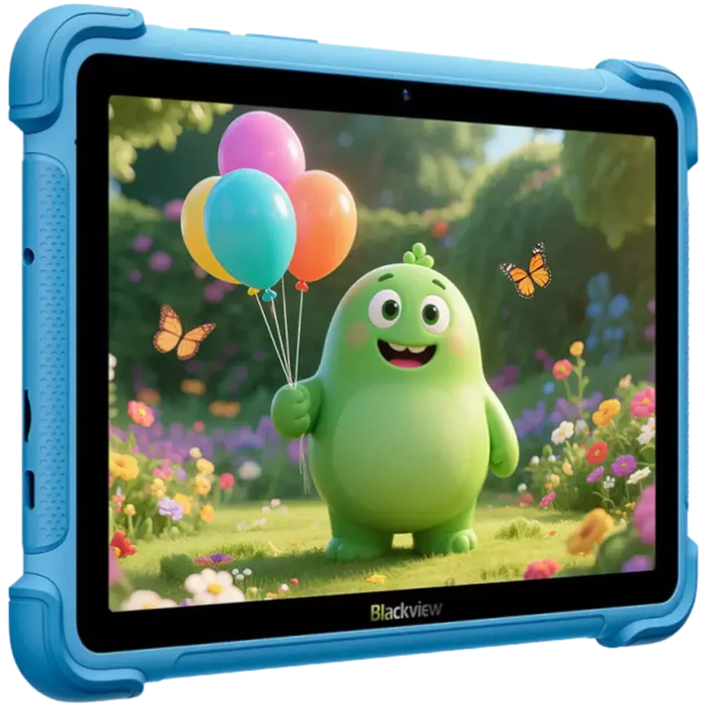 Blackview Link 1 Kids azul con funda robusta, pantalla 8.68 pulgadas, biseles negros y cámara frontal; interfaz infantil con personaje y globos en pantalla