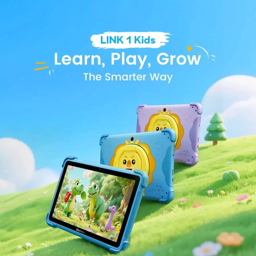 Blackview Link 1 Kids azul con funda infantil de león, pantalla 8.68 pulgadas, 4GB RAM y 64GB, diseño resistente y colorido ideal para niños