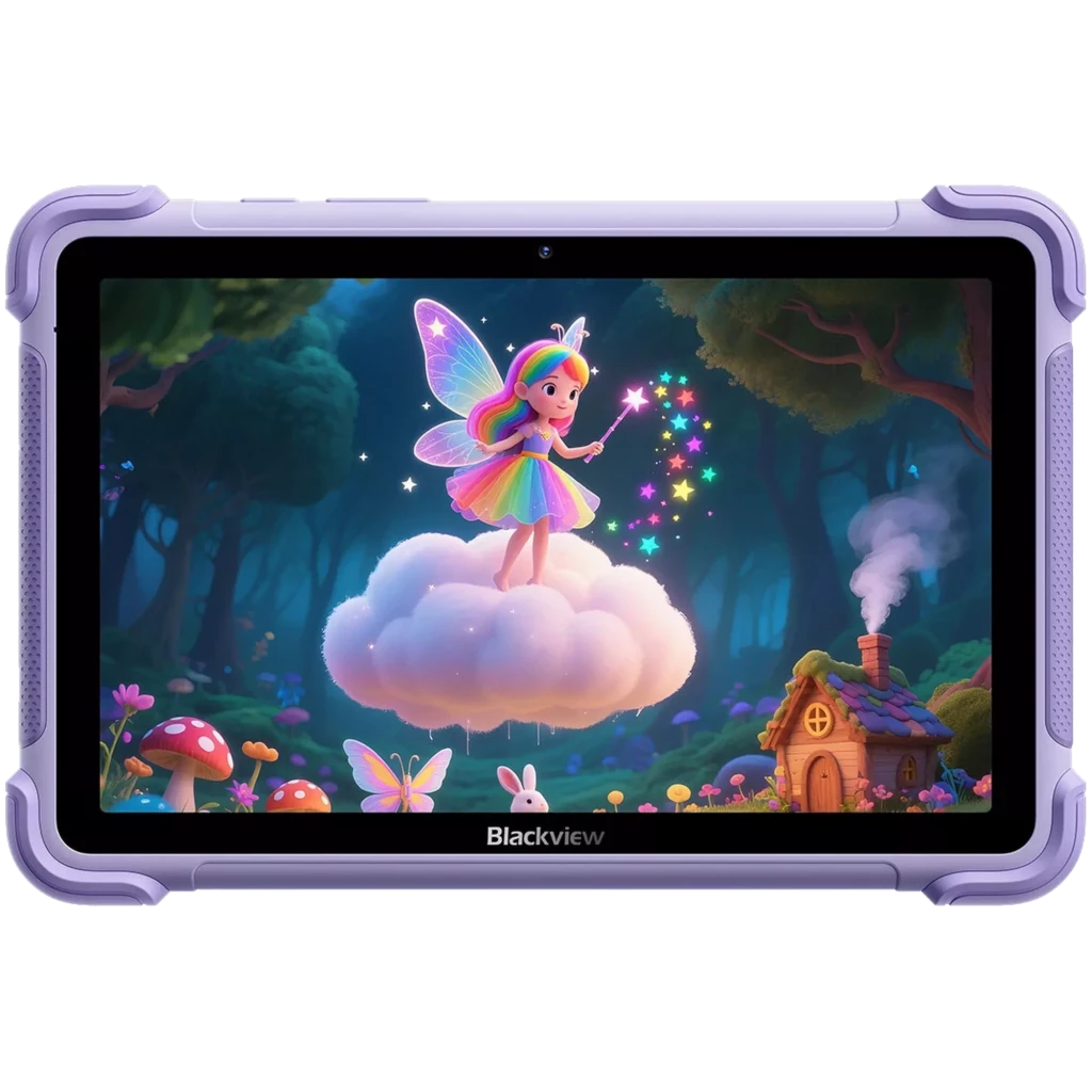 Tablet infantil Blackview Link 1 Kids lila con carcasa robusta, pantalla con biseles reforzados y diseño de hadas; ideal para niños, 4GB/64GB, 5000 mAh