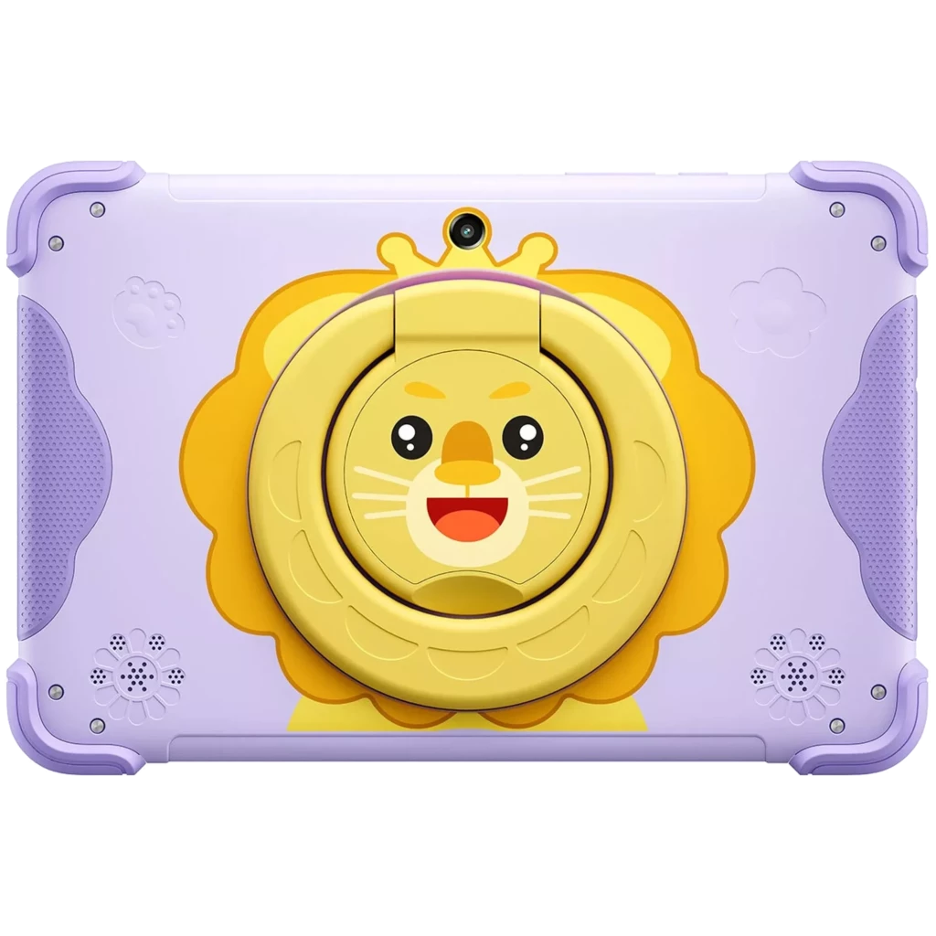 Tablet infantil Blackview Link 1 Kids lila con funda antigolpes morada, asa/soporte amarillo en forma de león, cámara trasera y altavoces laterales.