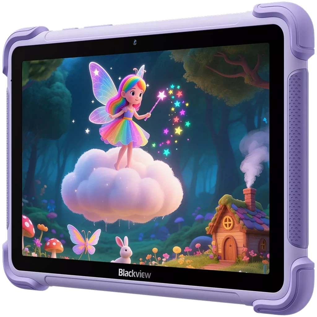 Tablet infantil Blackview Link 1 Kids lila con funda robusta antigolpes, pantalla amplia con cámara frontal y diseño con hada y estrellas en el display