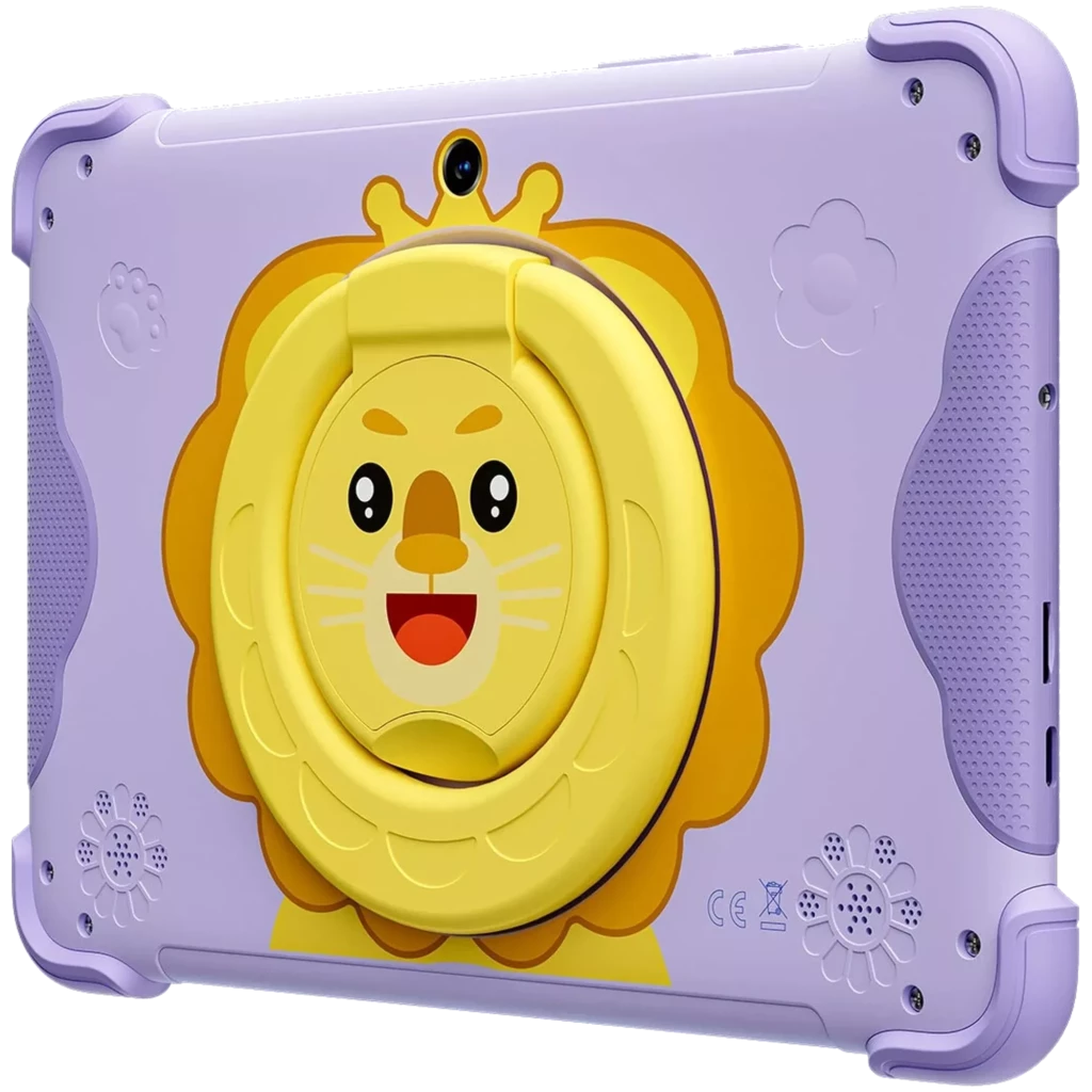 Tablet infantil Blackview Link 1 Kids lila con funda robusta y asa/soporte amarillo de león, cámara trasera centrada y esquinas reforzadas