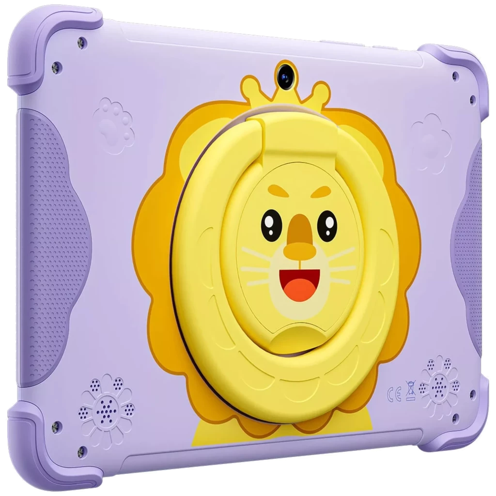 Blackview Link 1 Kids lila con funda resistente infantil, león amarillo, asa/soporte circular trasero, esquinas reforzadas, cámara trasera central