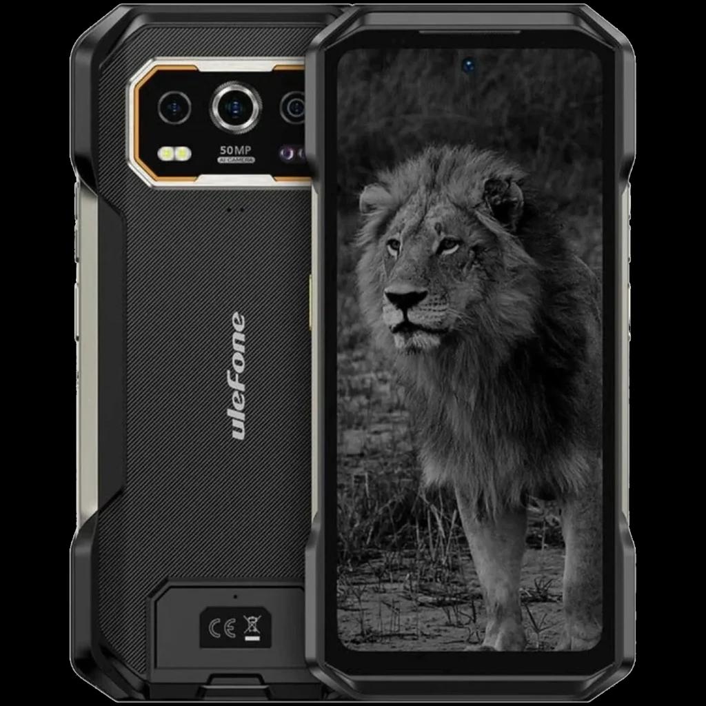 Ulefone Armor 27T Plus preto robusto com moldura reforçada, câmera tripla 50 MP e tela frontal exibindo leão, design antiderrapante e detalhes metálicos