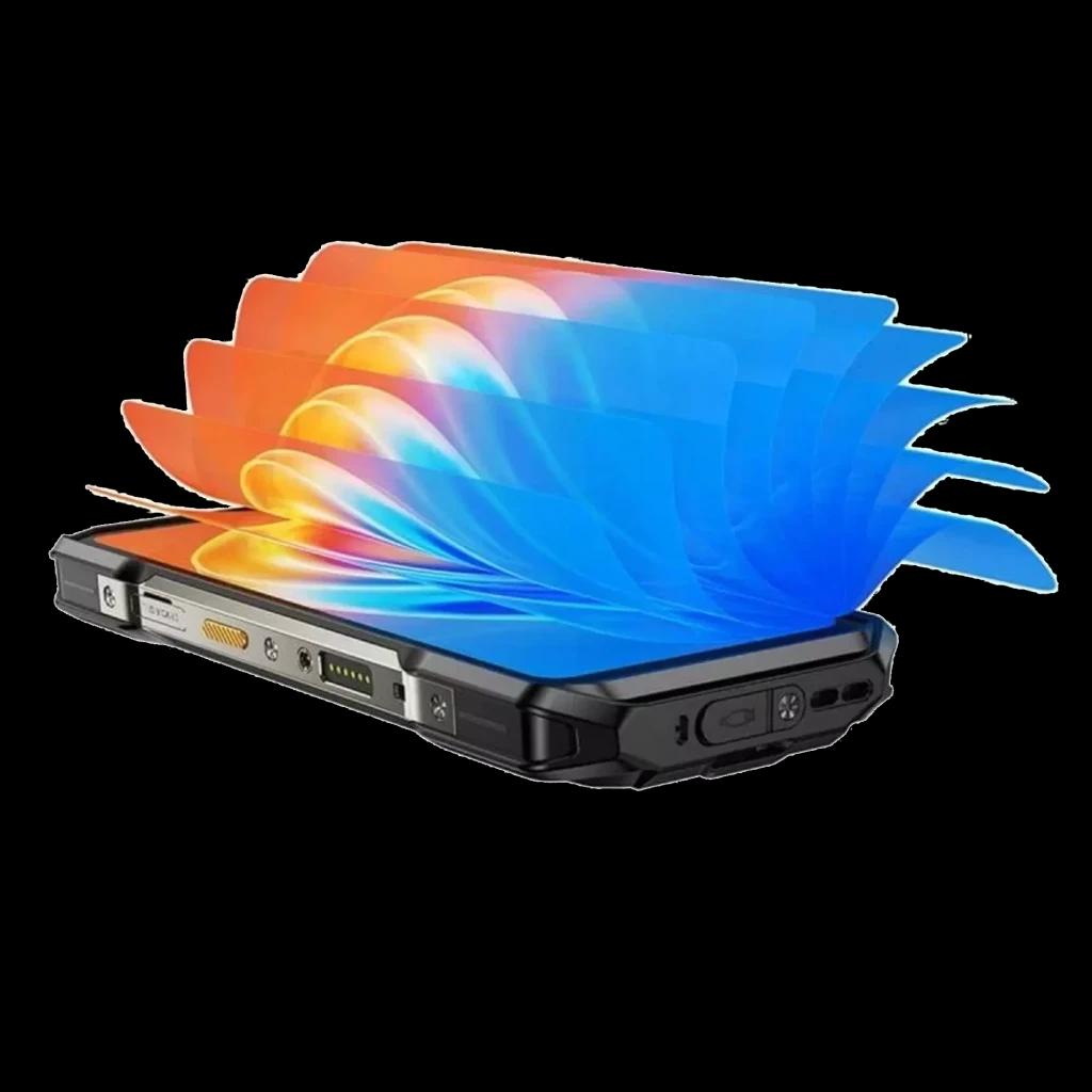 Ulefone Armor 27T Plus preto robusto, corpo reforçado, portas seladas, botões laterais e módulo FLIR visível; destaque para camadas de proteção do ecrã