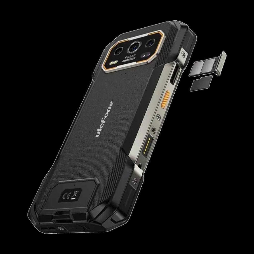 Smartphone robusto preto com câmara térmica FLIR, módulo triplo traseiro, laterais metálicas com botões, slots SIM e corpo reforçado Ulefone Armor 27T