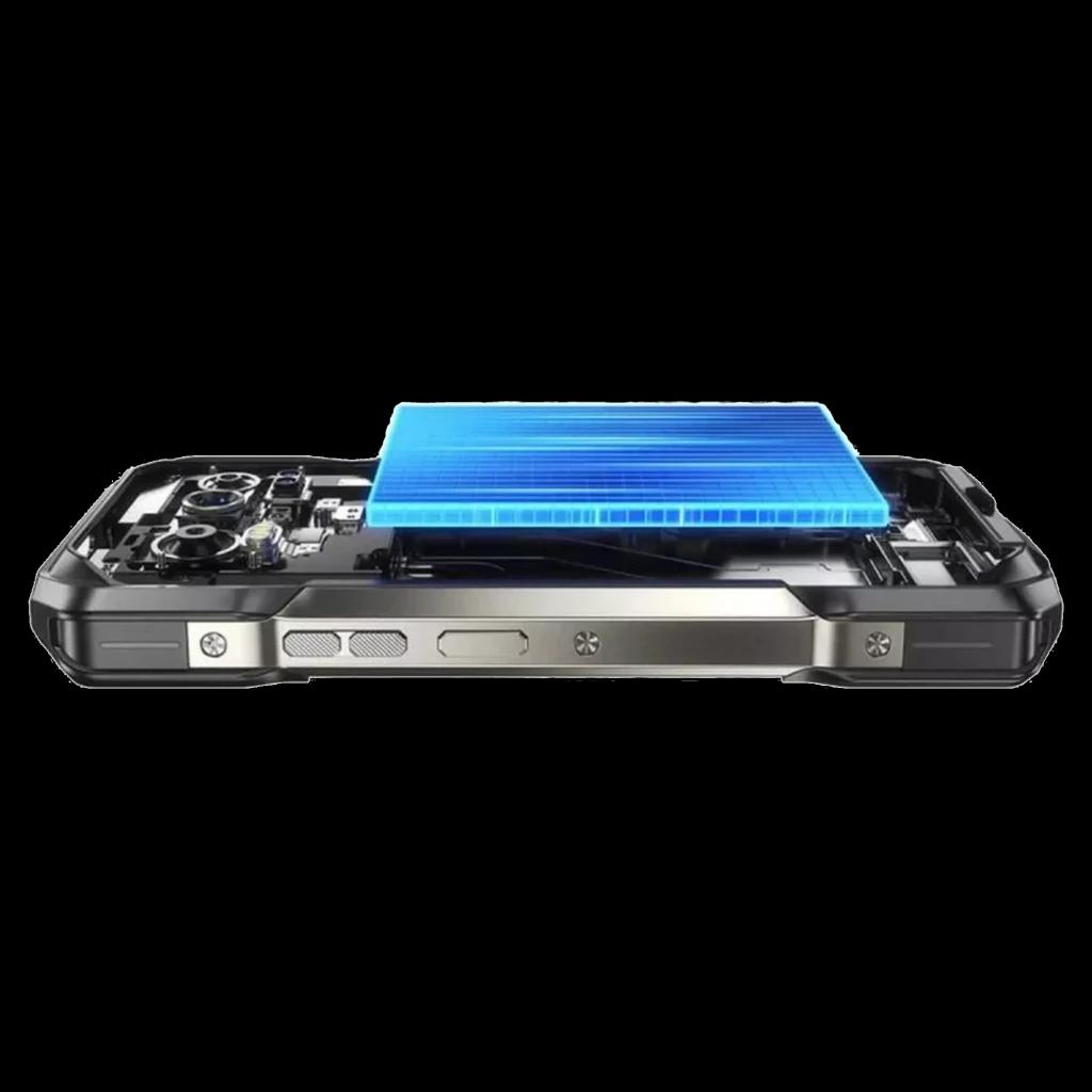 Ulefone Armor 27T Plus preto robusto em vista lateral, estrutura metálica exposta, parafusos visíveis e módulo azul destacado sugerindo dissipação de calor